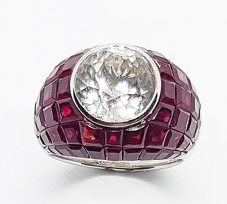 SJ6162 - White Sapphire with Ruby Ring Set in 18 Karat White Gold Settings