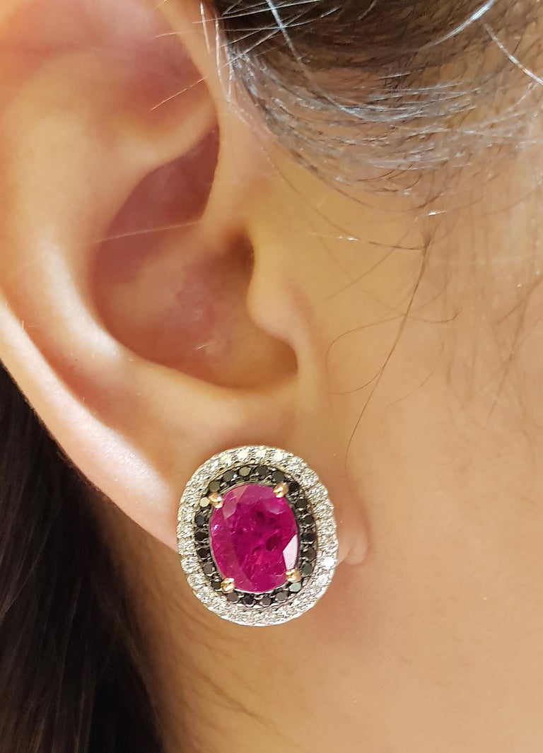 SJ1555 - Ruby with Black Diamond and Diamond Earrings Set in 18 Karat White Gold Settings