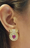 SJ1606 - Cabochon Ruby with Diamond and Cabochon Blue Sapphire Earrings in 18 Karat Gold