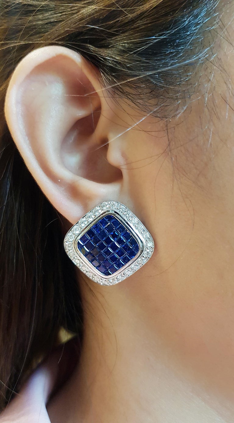 SJ1489 - Blue Sapphire with Diamond Earrings Set in 18 Karat White Gold Settings