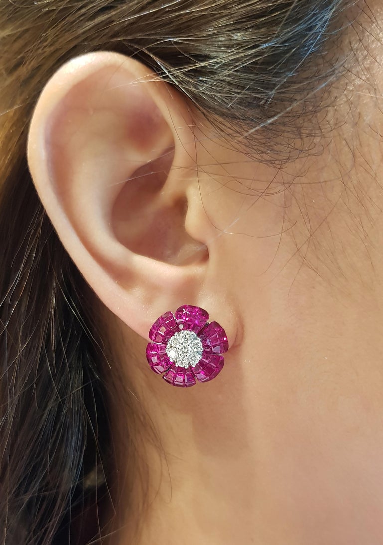 SJ1526 - Ruby with Diamond Flower Earrings Set in 18 Karat White Gold Settings