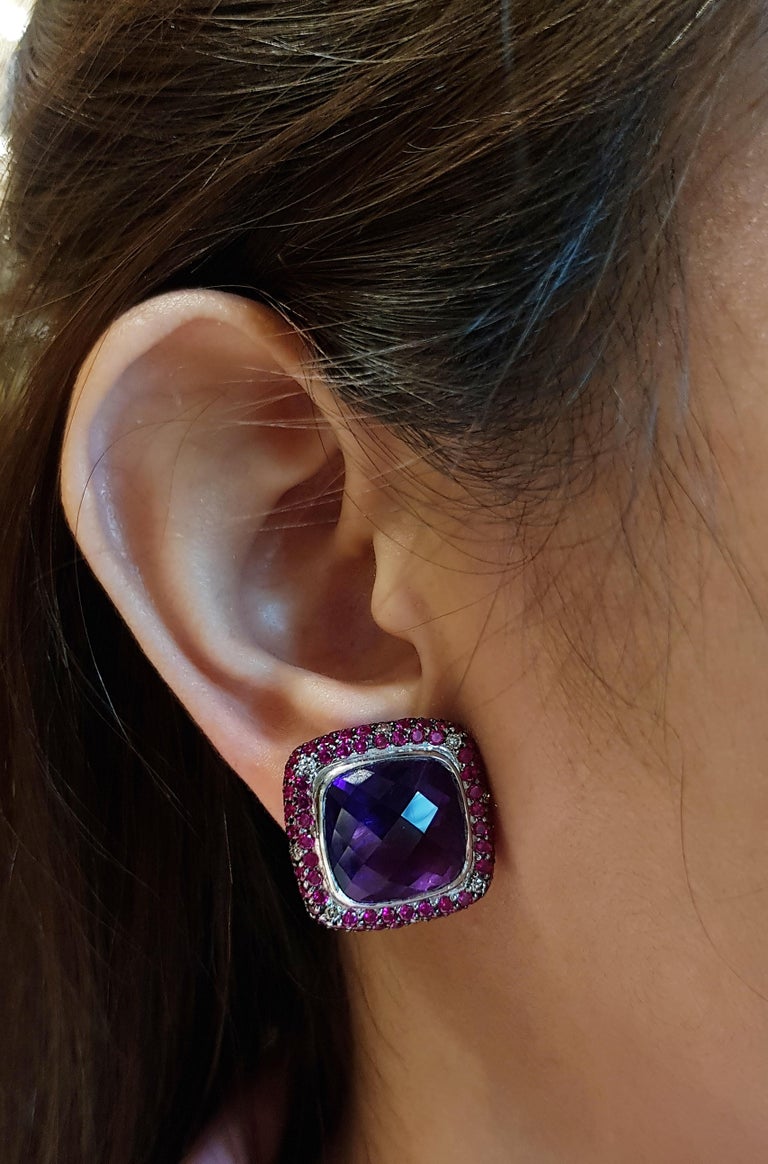 SJ1349 - Amethyst with Ruby and Brown Diamond Earrings Set in 18 Karat White Gold Setting