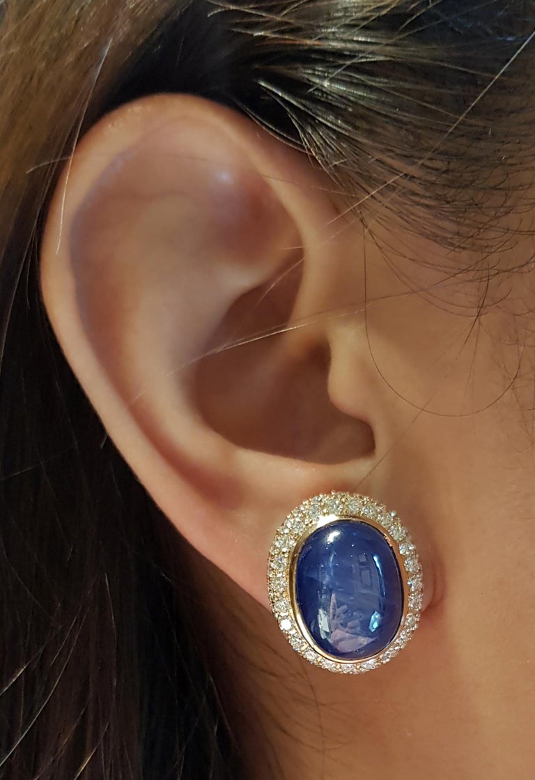 SJ1516 - Cabochon Blue Sapphire with Diamond Earrings Set in 18 Karat Gold Settings