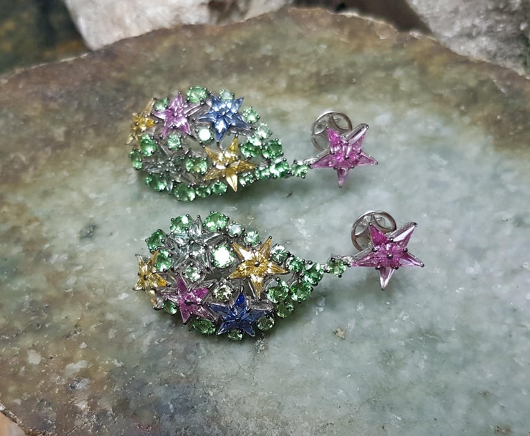 SJ1589 - Multi-Color Sapphire with Tsavorite Star Earrings Set in 18 Karat White Gold