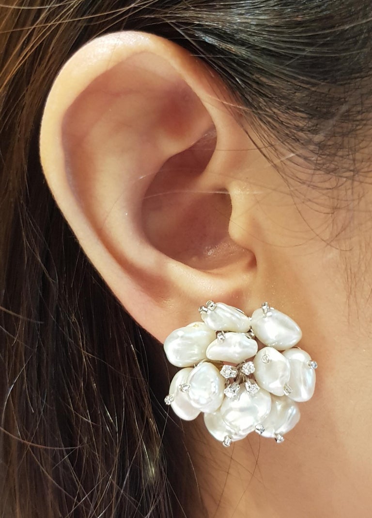 SJ6146 - Pearl with Diamond Flower Earrings Set in 18 Karat White Gold Settings