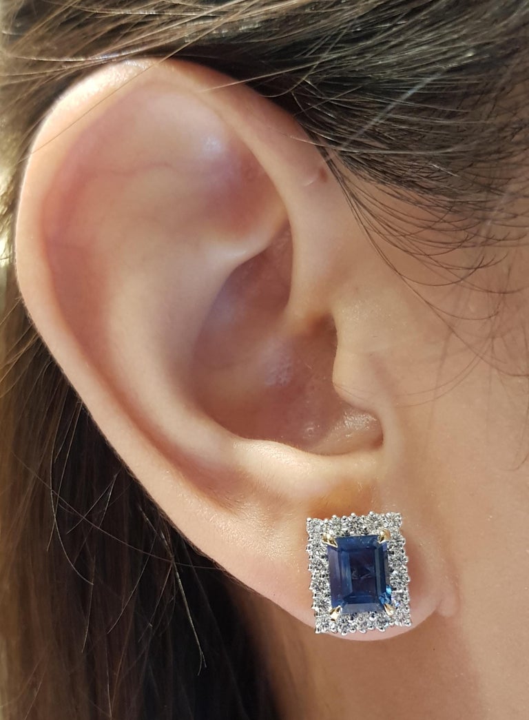 SJ2805 - Emerald Cut Blue Sapphire with Diamond Earrings Set in 18 Karat Gold Settings