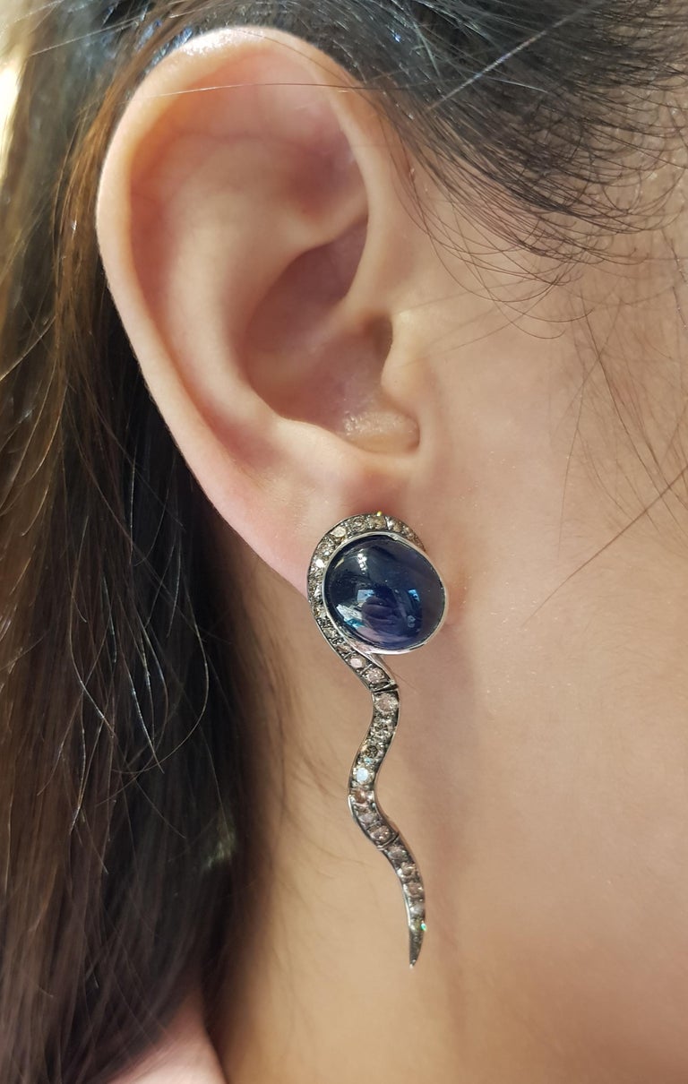 SJ1387 - Cabochon Blue Sapphire with Brown Diamond Earrings Set in 18 Karat White Gold