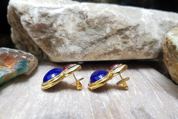 SJ2705 - Lapiz Lazuli with Cabochon Ruby and Diamond Earrings in 18 Karat Gold Settings