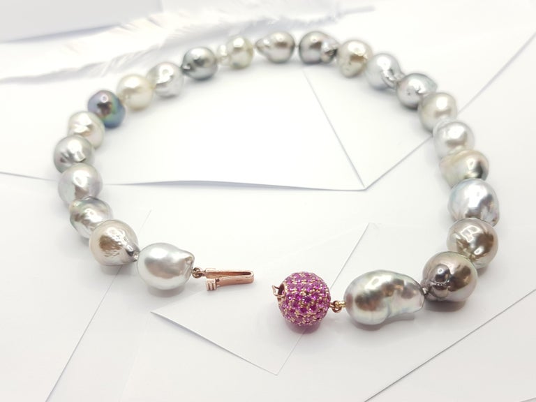 SJ1240 - Baroque South Sea Pearl with Pink Sapphire 3.23 Carats Clasp in 18K Rose Gold