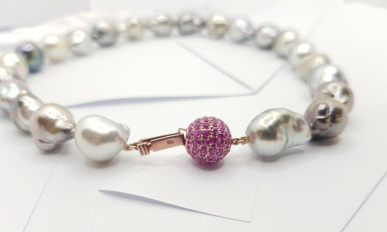 SJ1240 - Baroque South Sea Pearl with Pink Sapphire 3.23 Carats Clasp in 18K Rose Gold