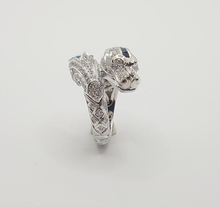 SJ1166 - Aquamarine, Blue Sapphire and Diamond Dragon Ring in 18 Karat White Gold