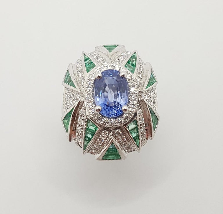 SJ1152 - Blue Sapphire with Emerald and Diamond Ring Set in 18 Karat White Gold Settings