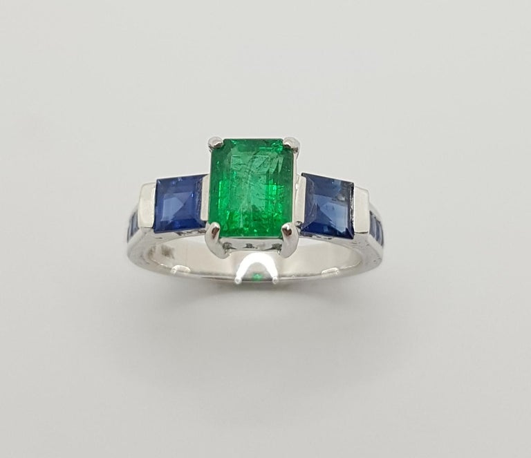 SJ2738 - Emerald with Blue Sapphire Ring Set in 18 Karat White Gold Settings