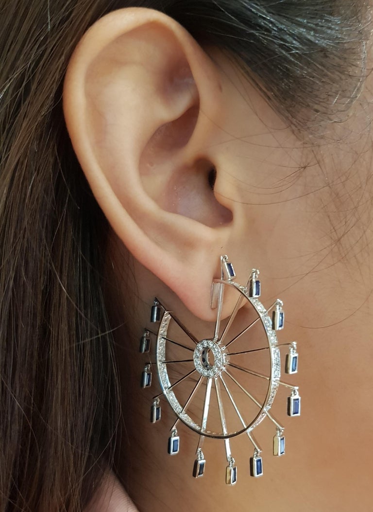 SJ1259 - Blue Sapphire with Diamond Farris Wheel Earrings Set in 18 Karat White Gold