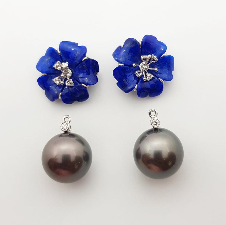 SJ2769 - Tahitian Pearl, Carved Flower Lapiz Lazuli, Diamond Earrings in 18K White Gold