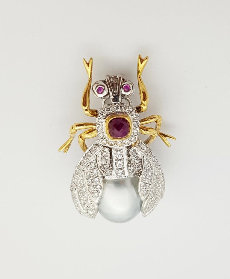 SJ1406 - Pearl, Cabochon Ruby, Diamond Bee Brooch Set in 18 Karat White Gold Settings