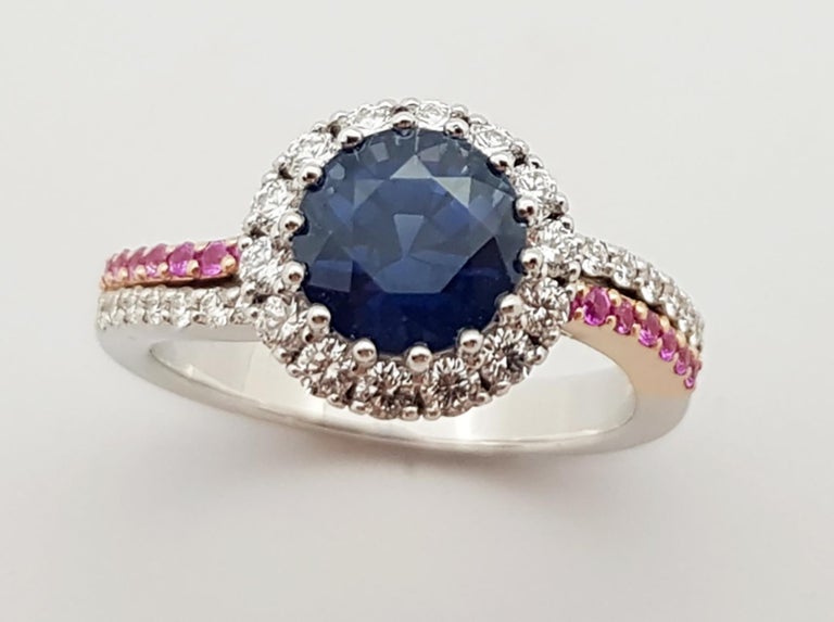 SJ2905 - Blue Sapphire, Pink Sapphire and Diamond Engagement Ring Set in 18K White Gold