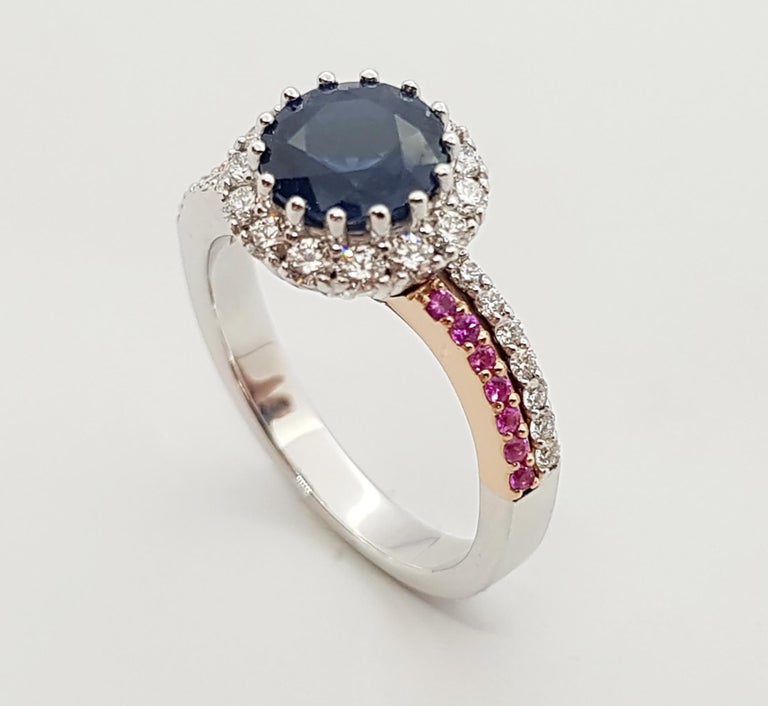 SJ2905 - Blue Sapphire, Pink Sapphire and Diamond Engagement Ring Set in 18K White Gold