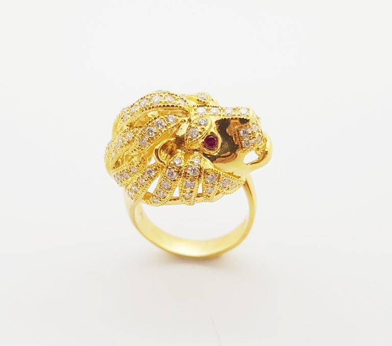 SJ2885 - Brown Diamond with Ruby Lion Ring Set in 18 Karat Gold Setting