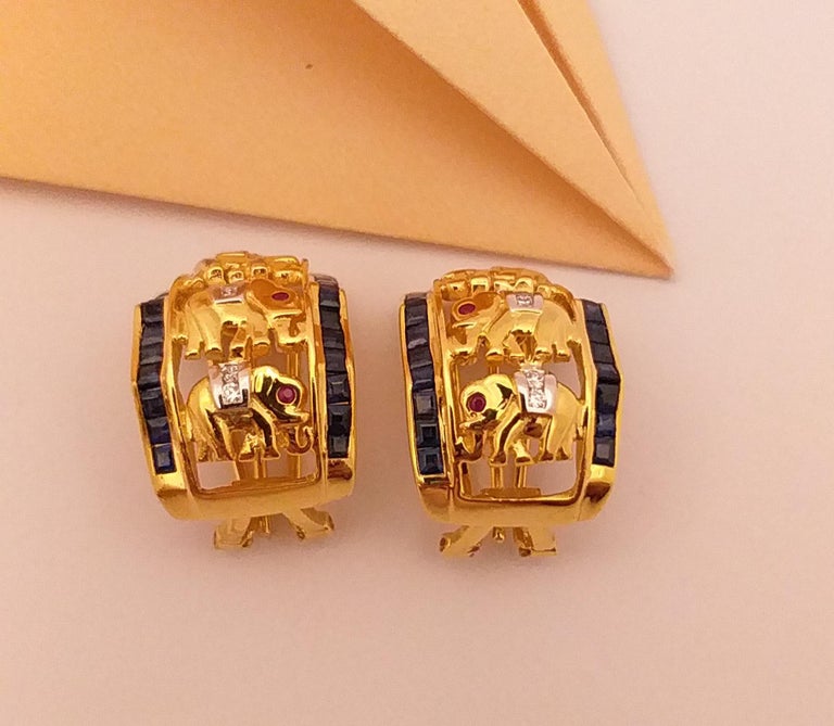 SJ6101 - Blue Sapphire with Ruby and Diamond Elephant Earrings Set in 18k Gold Settings