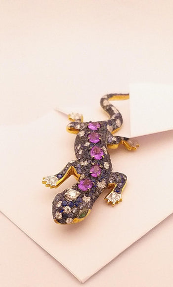 SJ1835 - Purple Sapphire, Blue Sapphire, Tsavorite and Diamond Lizard Brooch in 18K Gold