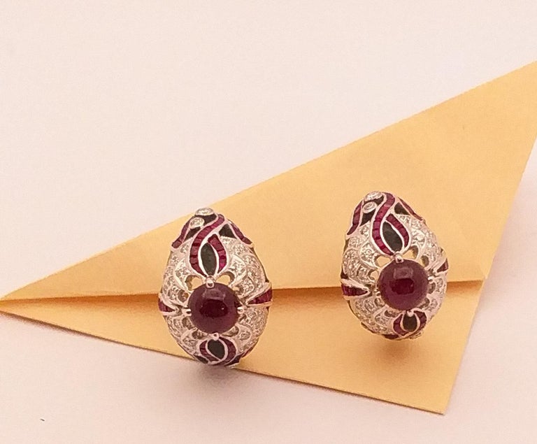 SJ2049 - Cabochon Ruby with Ruby and Diamond Earrings Set in 18 Karat White Gold Settings