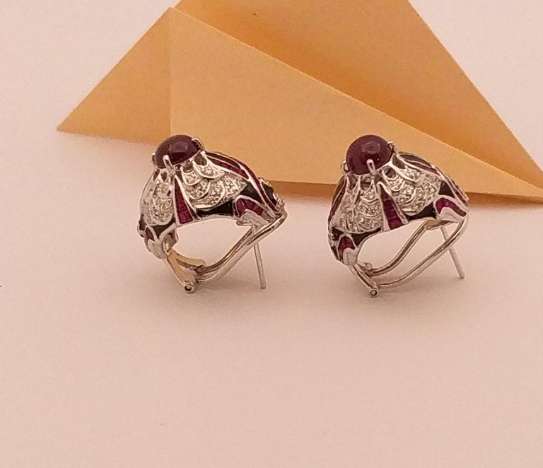 SJ2049 - Cabochon Ruby with Ruby and Diamond Earrings Set in 18 Karat White Gold Settings