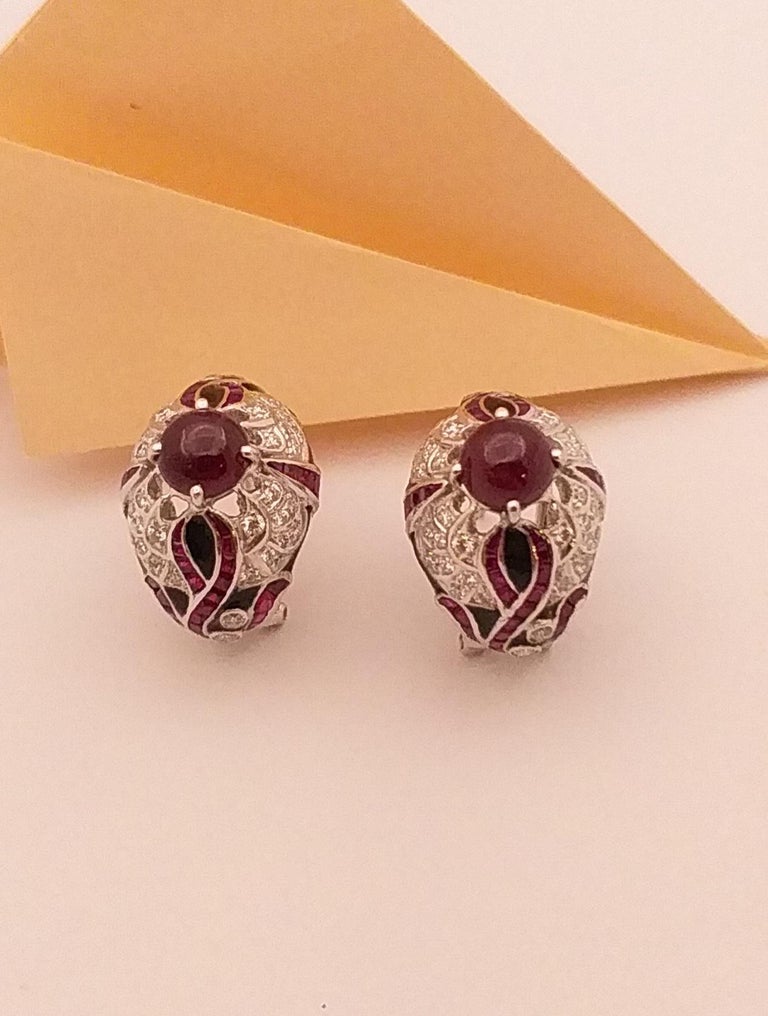 SJ2049 - Cabochon Ruby with Ruby and Diamond Earrings Set in 18 Karat White Gold Settings