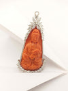 SJ2465 - Carved Coral with Diamond Goddess of Mercy Brooch Set in 18K White Gold Settings
