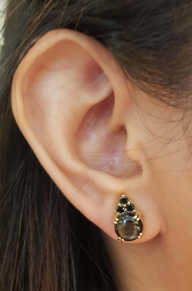 SJ2690 - Black Star Sapphire with Black Diamond Earrings Set in 18 Karat Gold Settings
