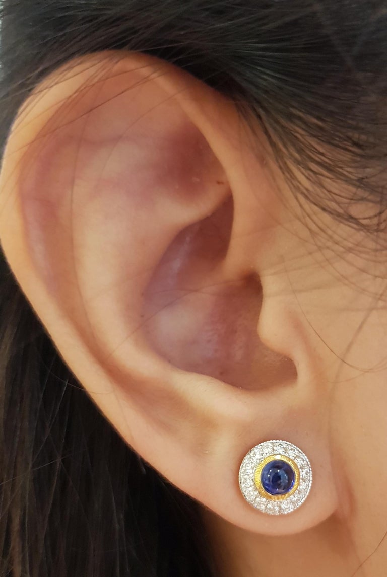 SJ2877 - Cabochon Blue Sapphire with Diamond Earrings set in 18 Karat Gold Settings