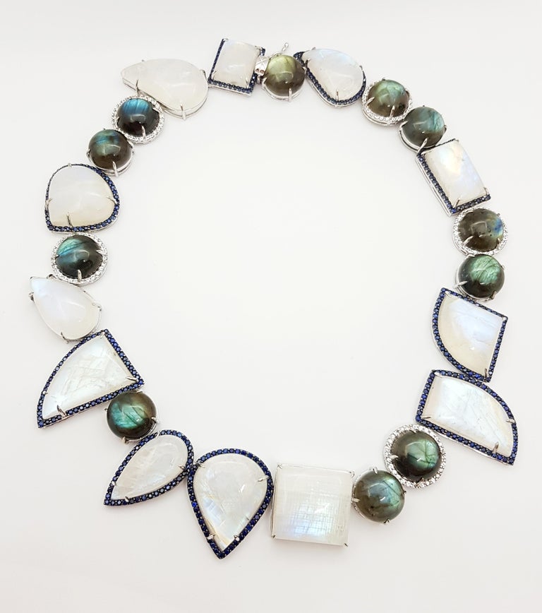 SJ3203 - Moonstone , Labradorite, Blue Sapphire and White Sapphire Necklace set in Silver