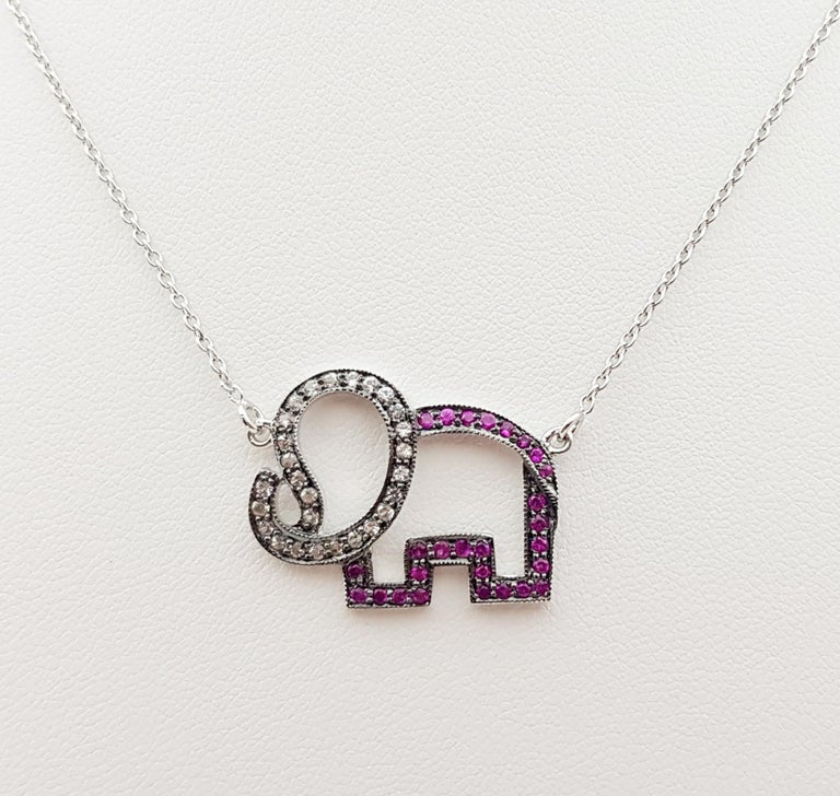 SJ3033 - Pink Sapphire and White Sapphire Elephant Necklace set in Silver Settings