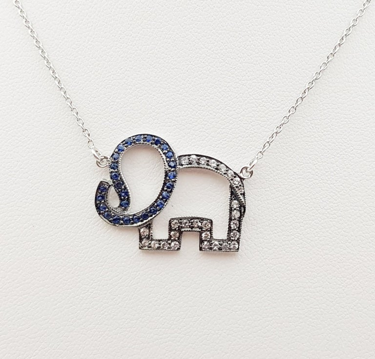 SJ3043 - Blue Sapphire and White Sapphire Elephant Necklace set in Silver Settings