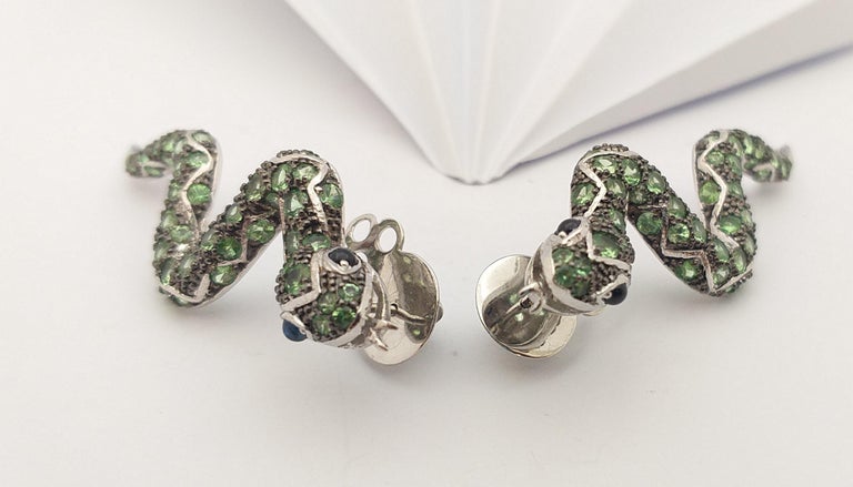 SJ3211 - Tsavorite, Cabochon Blue Sapphire and Lemon Quartz Earrings in Silver Settings