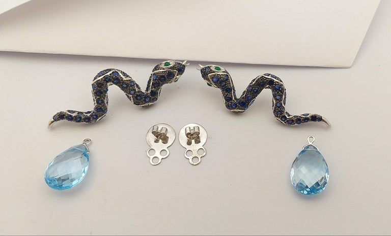 SJ3207 - Blue Sapphire, Emerald and Blue Topaz Snake Earrings set in Silver Settings
