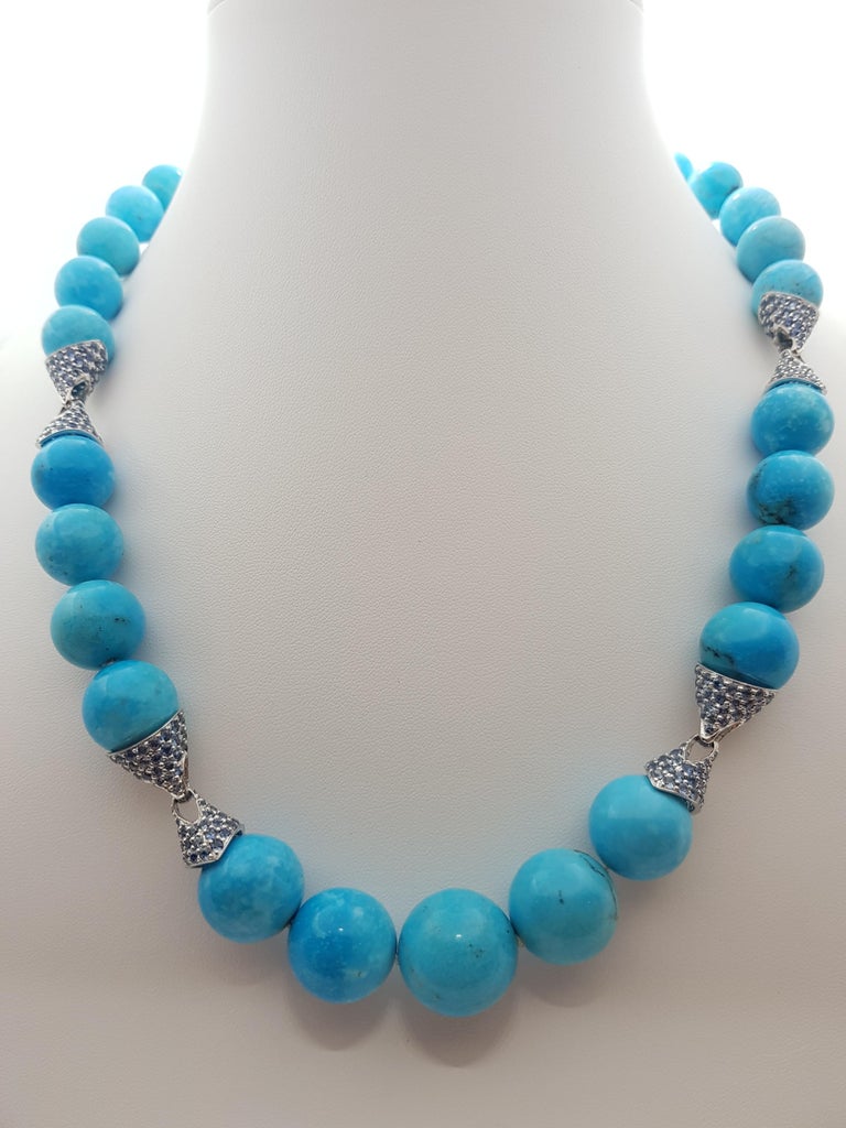 SJ6403 - Turquoise with Blue Sapphire 15.13 carats Necklace set in Silver Settings