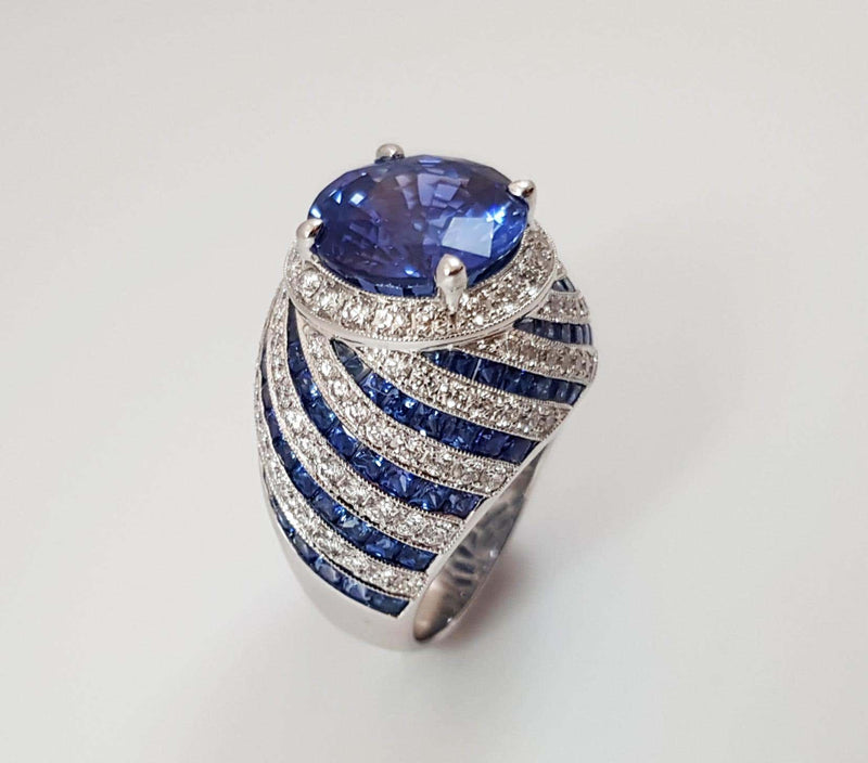 SJ2485 - GRS Certified 7cts Ceylon Blue Sapphire and Diamond Ring in 18K White Gold