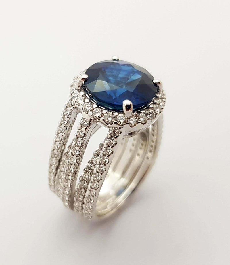 SJ2469 - GIA Certified 6cts Round Blue Sapphire with Diamond Ring in 18K White Gold