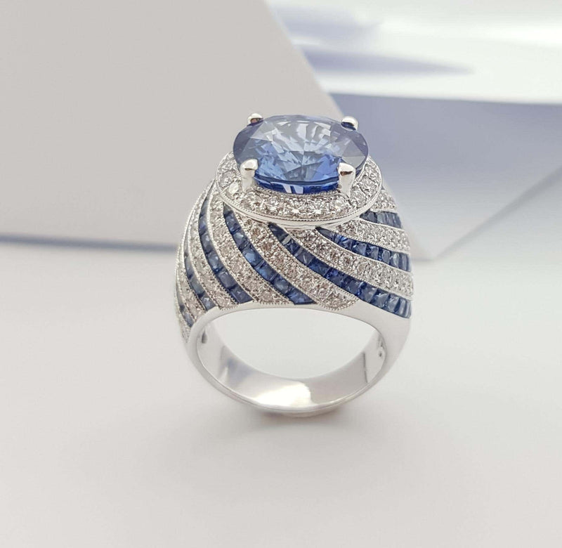 SJ2485 - GRS Certified 7cts Ceylon Blue Sapphire and Diamond Ring in 18K White Gold