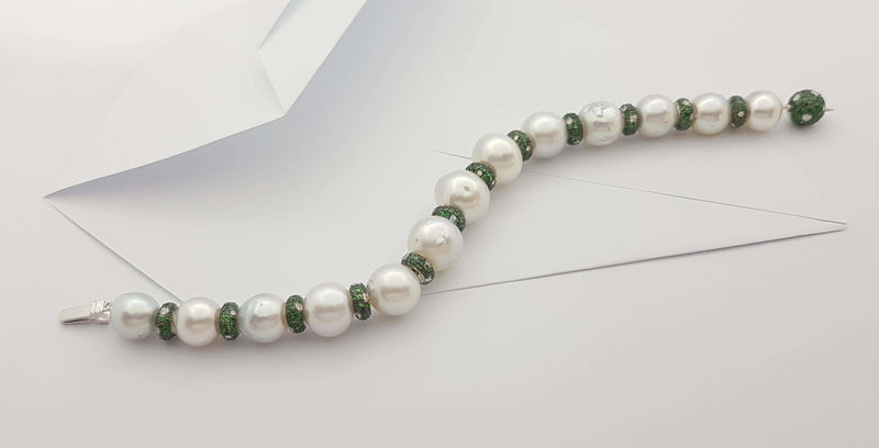 SJ2505 - South Sea Pearl, Tsavorite and Diamond Bracelet in 18 Karat White Gold Settings