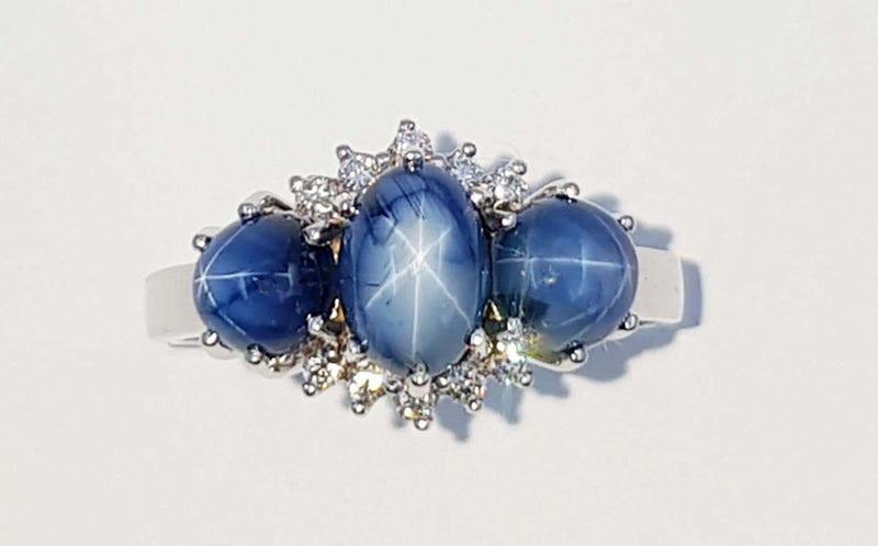 JR0040O - Blue Star Sapphire & Diamond Ring Set in 18 Karat White Gold Setting