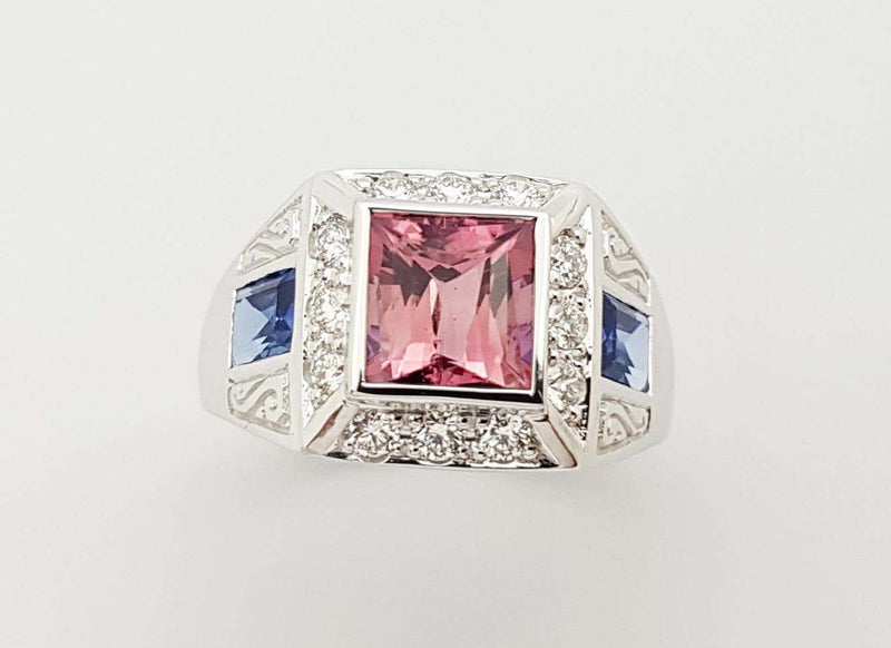 SJ3243 - Pink Tourmaline, Blue Sapphire and Diamond Ring in 18 Karat White Gold Settings