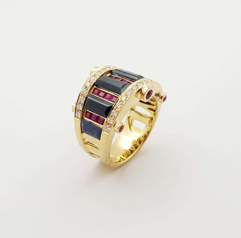 SJ3243 - Black Sapphire, Ruby and Diamond Ring Set in 18 Karat Gold Settings