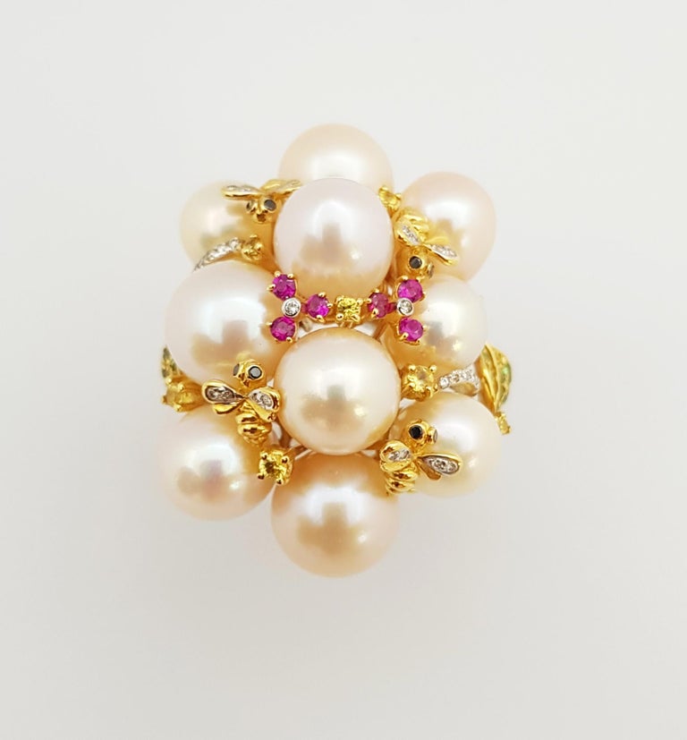 JR1859Z - Fresh Water Pearl with Ruby, Yellow Sapphire, Tsavorite Ring in 18 Karat Gold