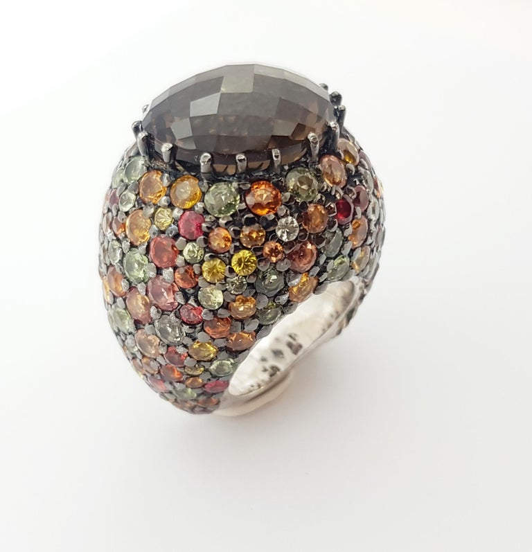 SJ3083 - Smoky Quartz and Rainbow Colour Sapphire Ring set in Silver Settings