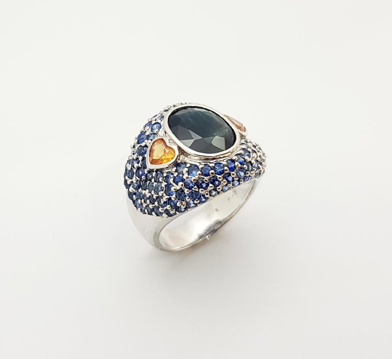 SJ3083 - Black Sapphire, Blue Sapphire, Yellow Sapphire Ring et in Silver Settings