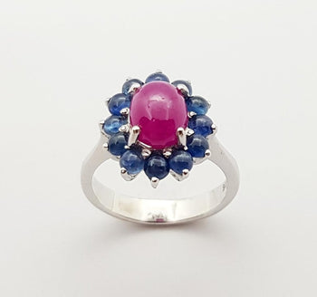 SJ3024 - Cabochon Ruby with Cabochon Blue Sapphire Ring set in Silver Settings