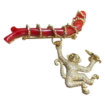 SJ1409 - Coral with Yellow Diamond and Brown Diamond Monkey Brooch Set in 18 Karat Gold