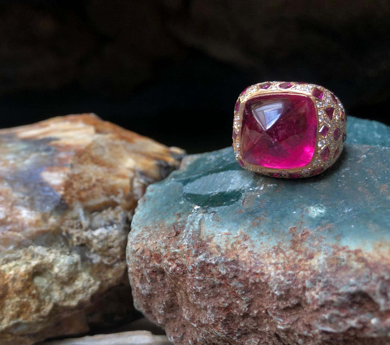SJ2452 - Sugarloaf Rubellite, Ruby with Diamond Ring Set in 18 Karat Pink Gold Settings